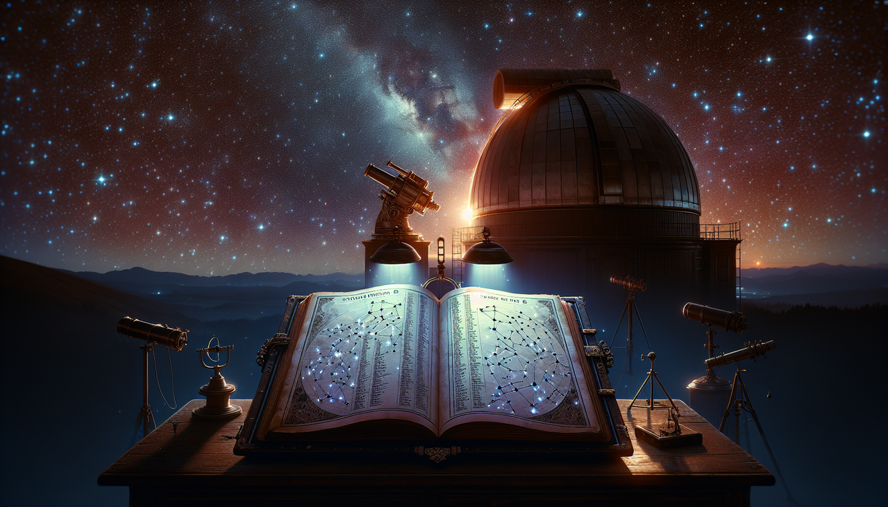 Illustration d'une étoile en forme de O dans un livre astronomique ancien sous un ciel étoilé captivant.