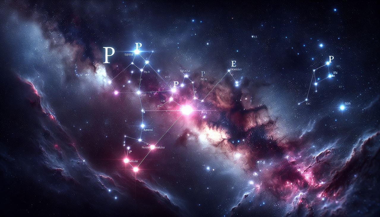 Etoile en P dans constellation, avec noms subtils et écriture claire sur fond galaxie, couleurs renforcent visibilité.