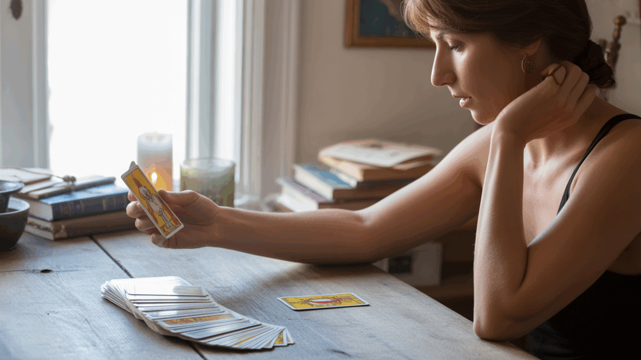 Une scène réaliste d'une personne lisant des cartes de tarot à la lumière naturelle, dans un intérieur authentique et chaleureux.