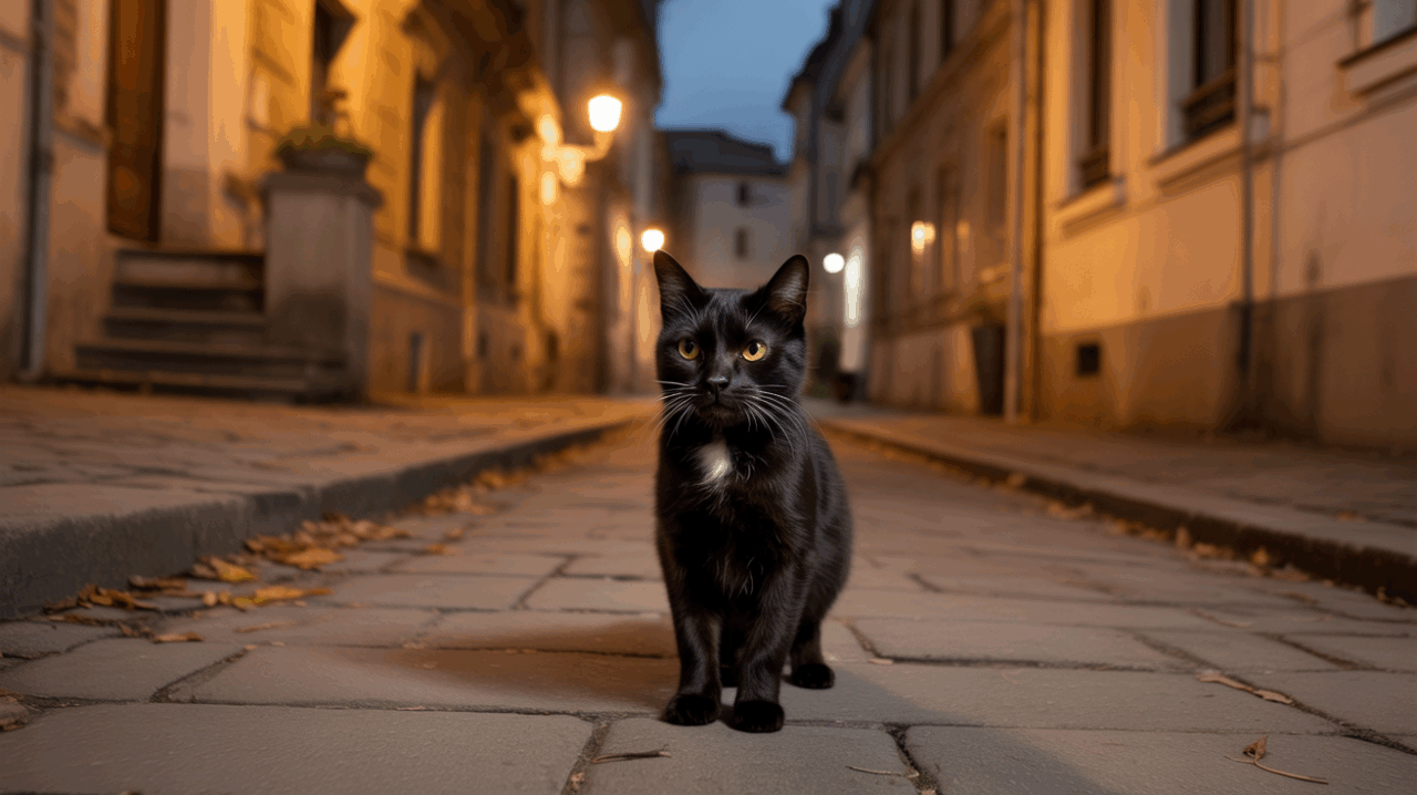 Chat noir réaliste dans une rue européenne nocturne éclairée, évoquant mystère et superstition.