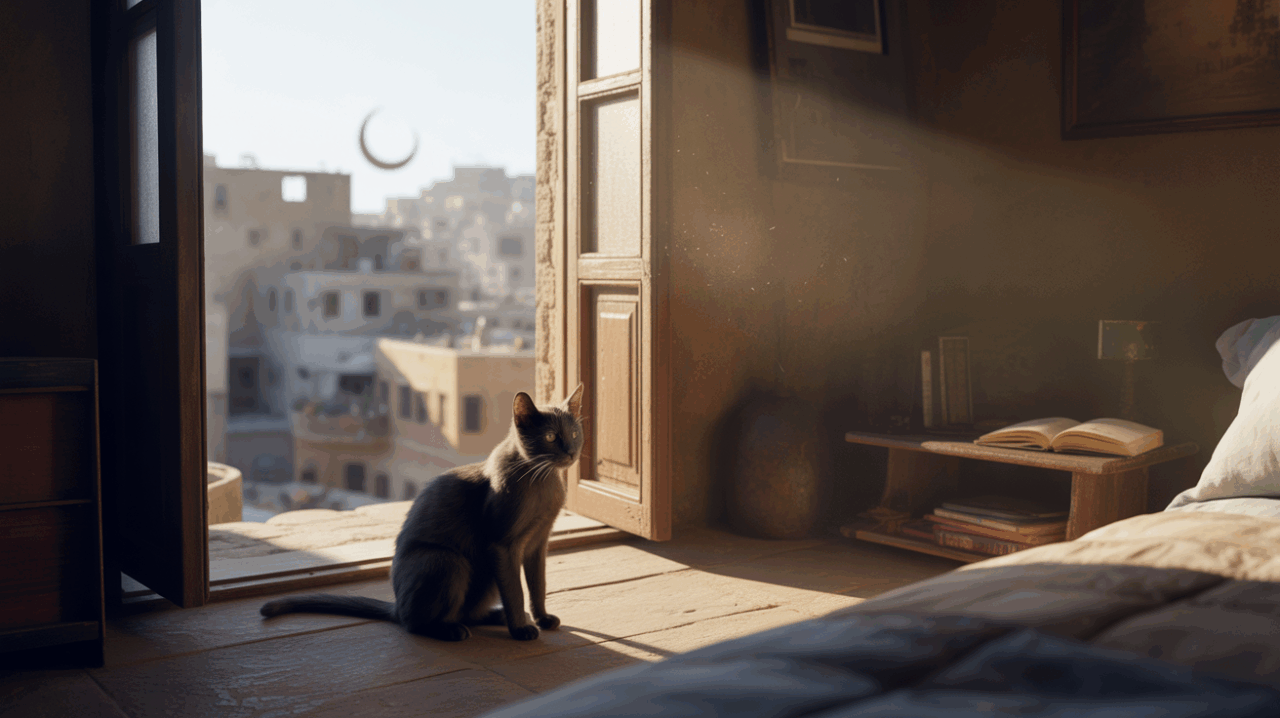 Scène réaliste à l'aube montrant un chat noir près d'une fenêtre ouverte donnant sur une ville moyen‑orientale authentique, baignée de lumière naturelle.