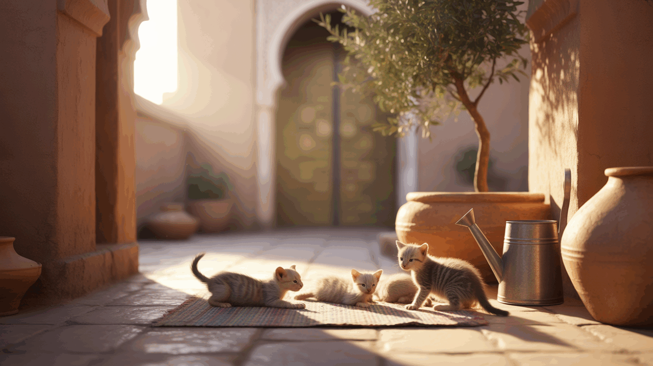 Cour d’inspiration marocaine à l’aube avec des chatons jouant près d’un tapis de prière, baignée d’une lumière dorée naturelle évoquant paix et bénédiction.