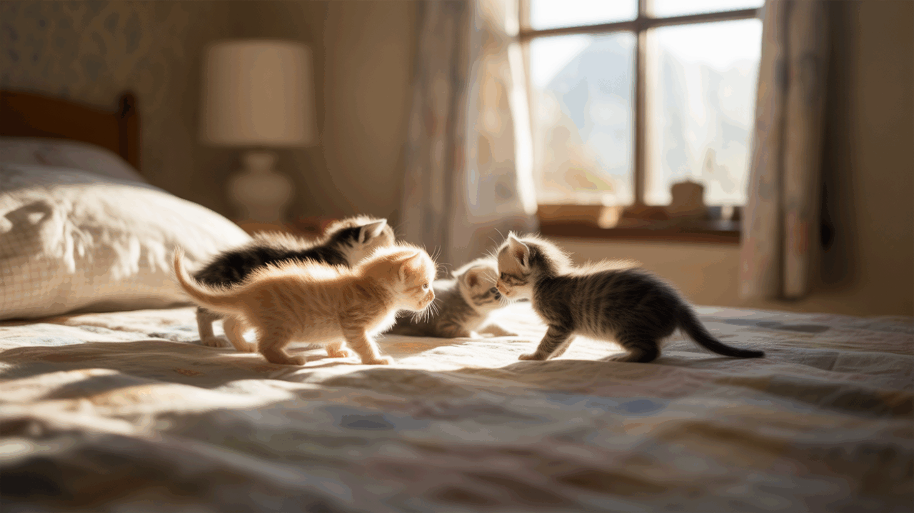 Jeunes chatons explorant une chambre baignée de lumière matinale, scène naturelle évoquant douceur et nouveauté.