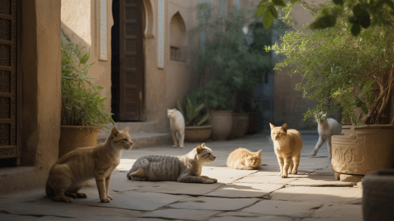 Cour intérieure traditionnelle d’Afrique du Nord baignée de lumière douce avec plusieurs chats réalistes se déplaçant calmement, symbole d’abondance et de vigilance.