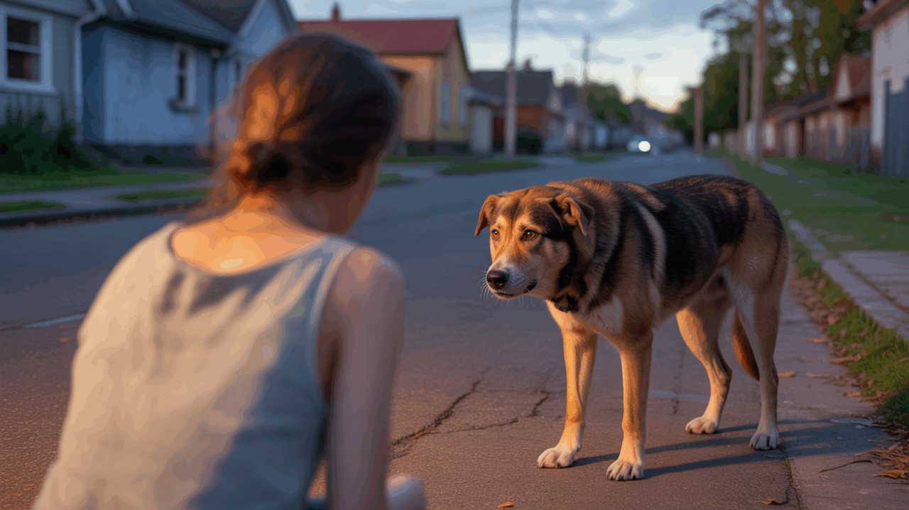 Scène réaliste au crépuscule montrant un chien en posture défensive face à une personne, dans une rue résidentielle authentique aux détails naturels.