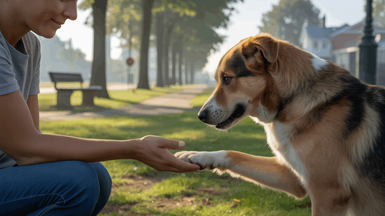 Scène réaliste d’un chien amical approchant une personne assise dans un parc au lever du soleil, évoquant confiance et fidélité.