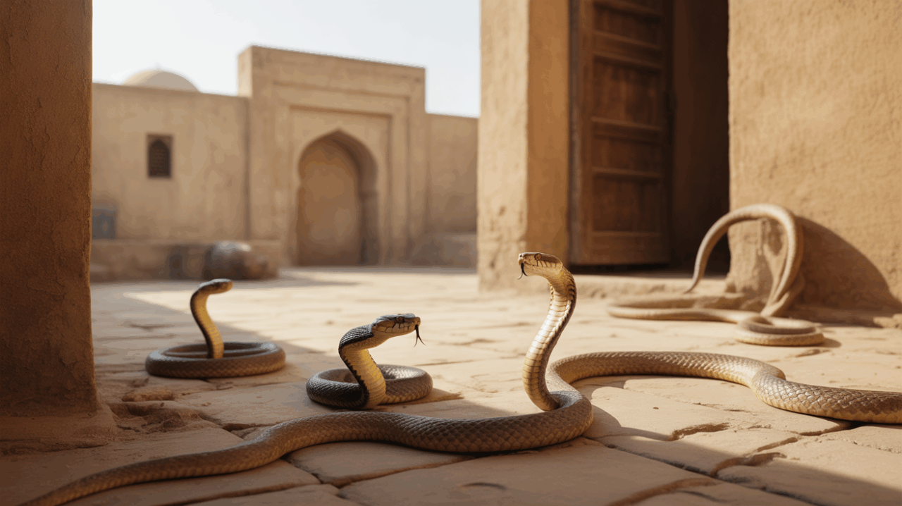 Plusieurs serpents se déplacent dans une cour traditionnelle du Moyen-Orient au petit matin, avec une lumière naturelle et une architecture islamique authentique en arrière-plan.