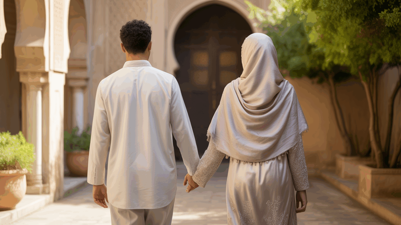 Scène réaliste d’un couple musulman marchant dans une cour traditionnelle baignée de soleil, symbolisant un engagement spirituel en Islam.