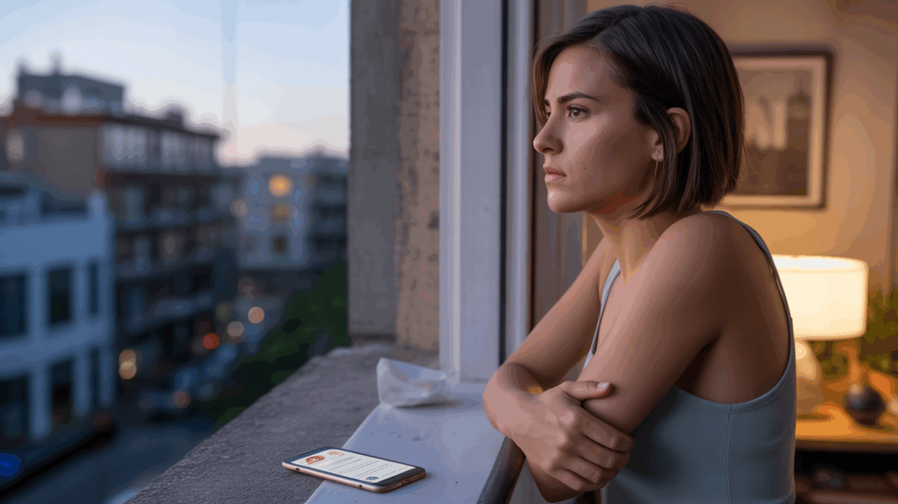 Femme pensive regardant par la fenêtre d’un appartement urbain au crépuscule, exprimant un mélange de doute et de culpabilité.