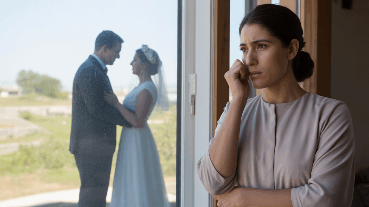 Femme pensive devant une fenêtre observant au loin une scène de mariage floue, créant une atmosphère réaliste et introspective.