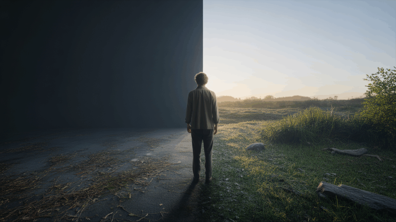 Personne vue de dos, entre ombre et lumière à l’aube, contemplant un horizon réel et naturel évoquant transition et renouveau.