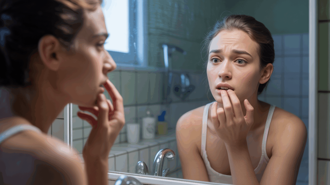 Personne réaliste se regardant dans un miroir de salle de bain avec une expression d’inquiétude, suggérant la perte d’une dent de devant dans un rêve.