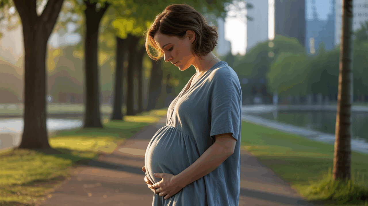 Femme enceinte debout dans un parc au lever du soleil, exprimant l’idée d’un nouveau départ imminent.