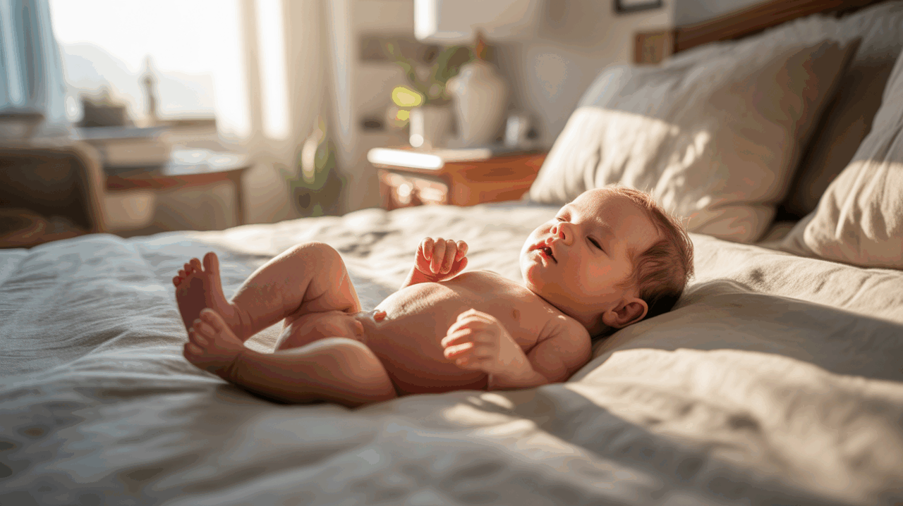Scène réaliste d’un nouveau-né apaisé dans une lumière du matin, symbolisant l’innocence et le renouveau.