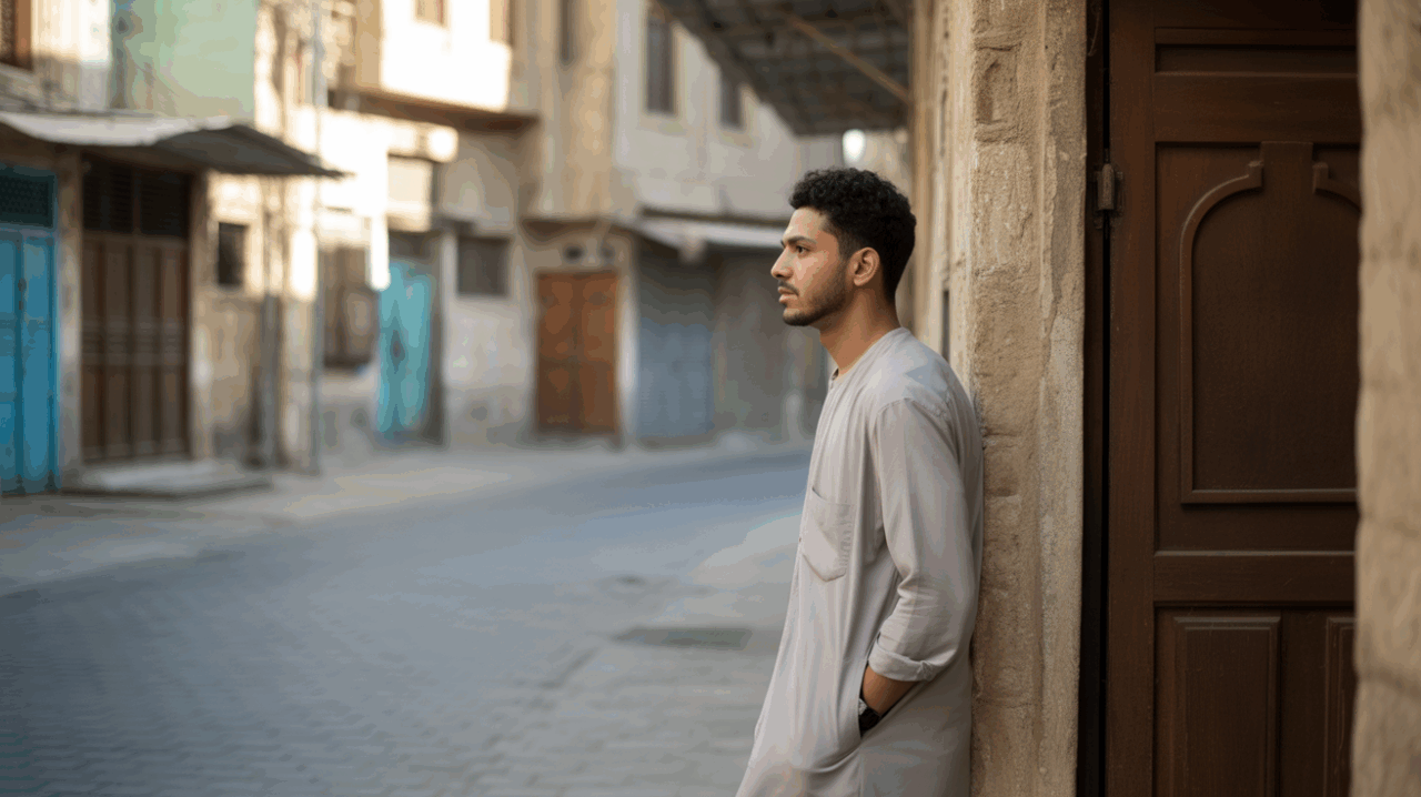 Homme musulman pensif au lever du soleil dans une rue authentique du Moyen-Orient, exprimant nostalgie et réflexion sur le passé.