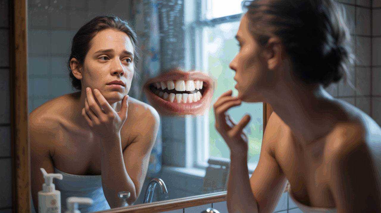 Personne réaliste se regardant dans un miroir le matin, touchant sa mâchoire inférieure avec une expression d’inquiétude et de réflexion, évoquant symboliquement la perte de dents dans un rêve.
