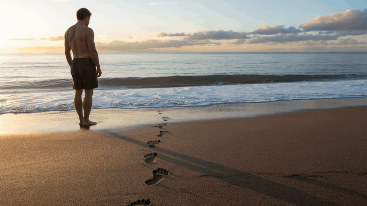 Personne debout face à un lever de soleil sur une plage, observant des empreintes effacées par la marée, symbolisant une transformation spirituelle.