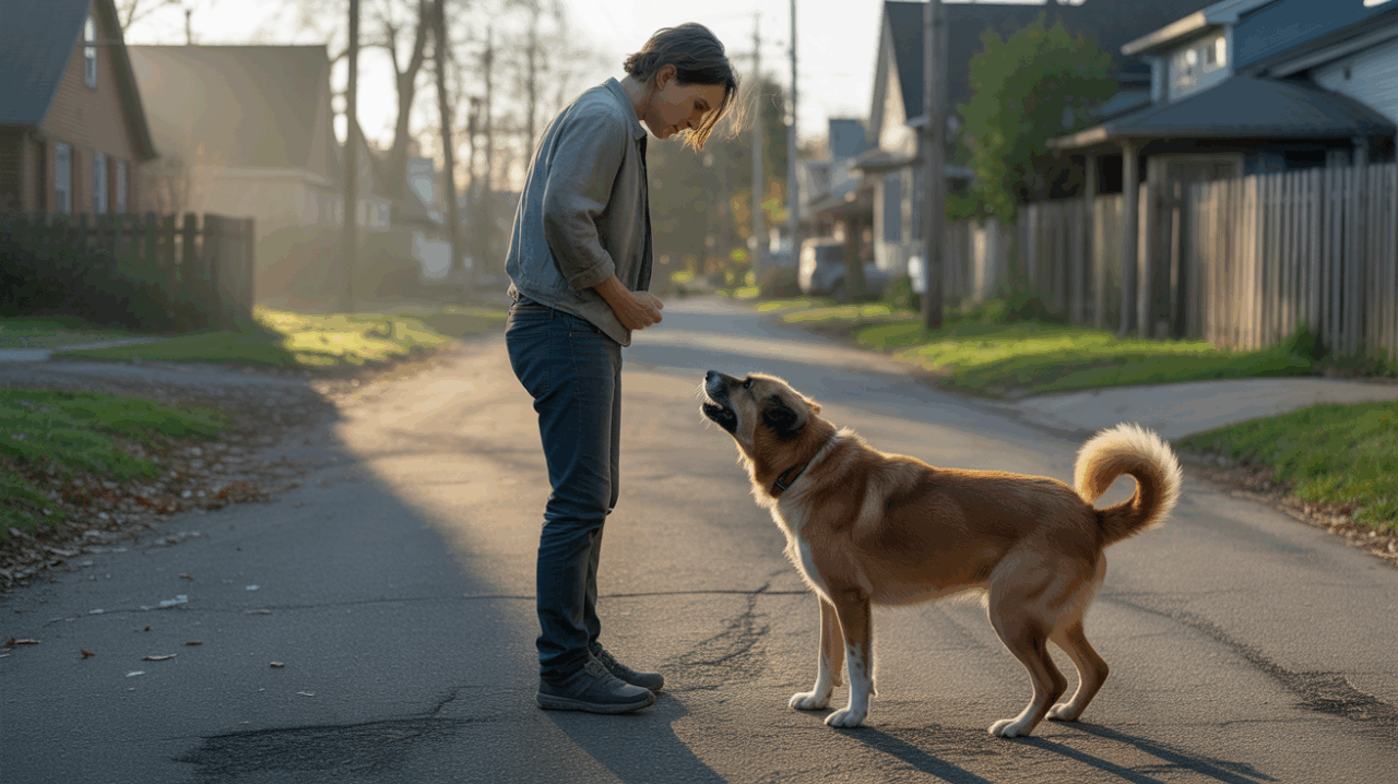 Scène réaliste à l’aube montrant une personne face à un chien menaçant sans attaquer, symbolisant une confrontation intérieure.