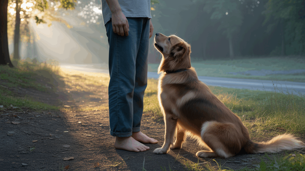 Scène réaliste à l’aube montrant une personne et un chien créant un lien symbolique dans un paysage naturel.