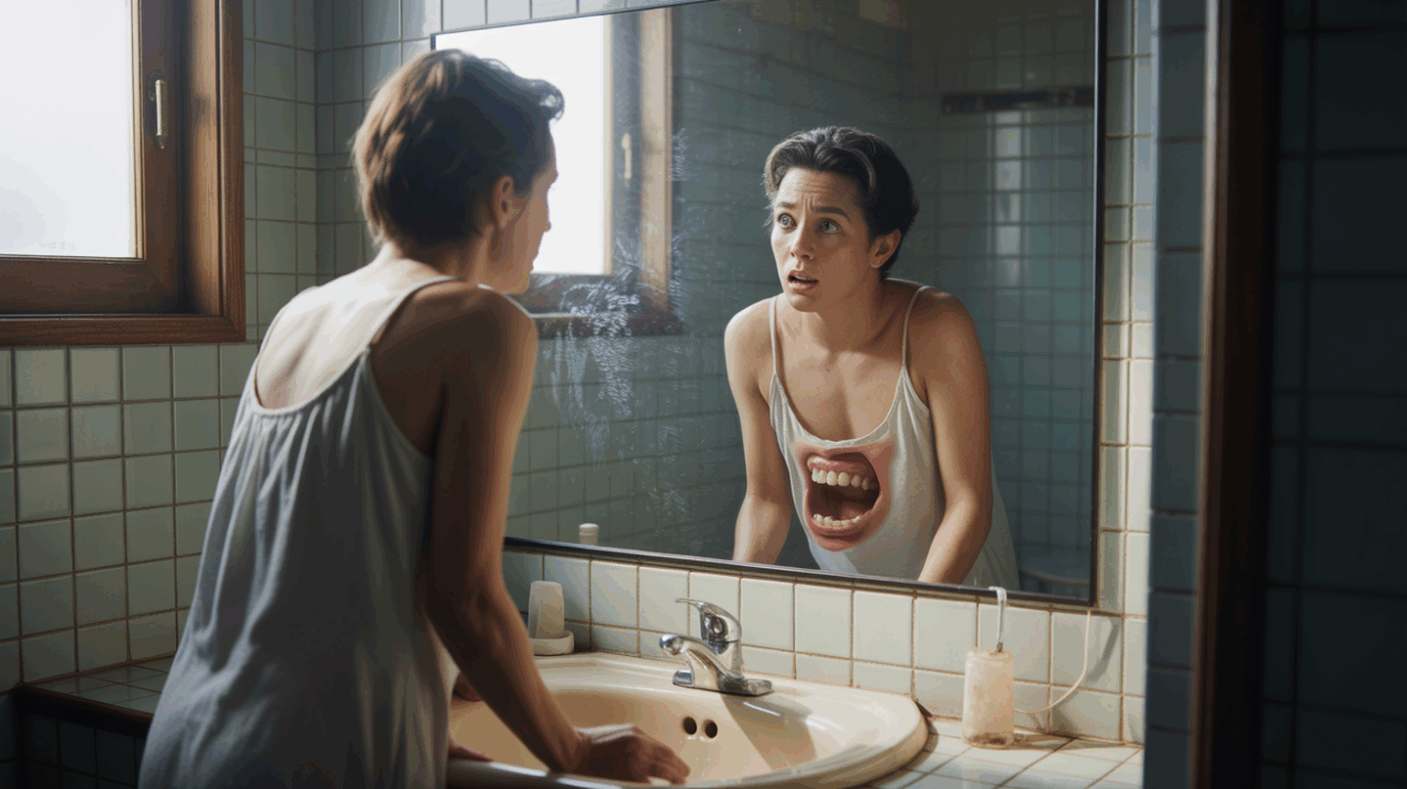 Personne réaliste devant un miroir au petit matin découvrant une dent manquante, dans une scène naturelle évoquant un rêve et la vulnérabilité.