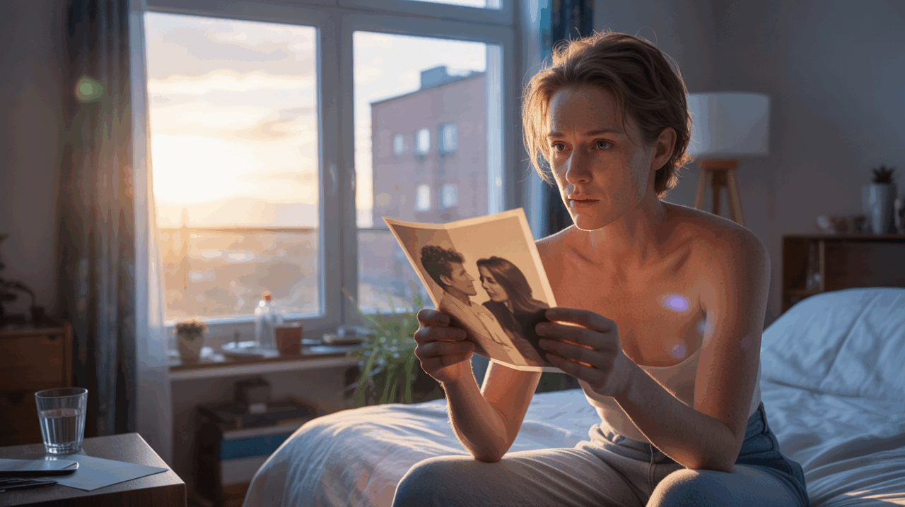Personne assise sur son lit au lever du soleil, tenant une vieille photo et réfléchissant à son passé dans une scène réaliste et naturelle.