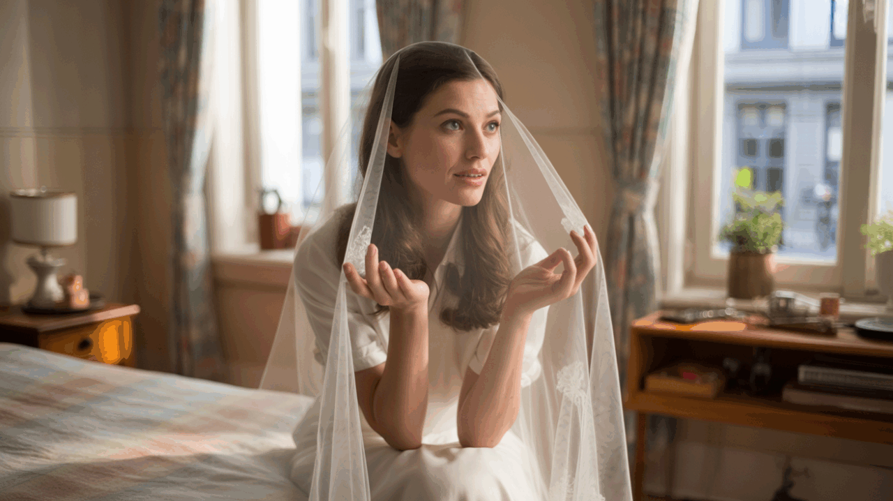 Femme songeuse assise dans une chambre réaliste au lever du jour, tenant un voile de mariée et réfléchissant à l’amour et à l’engagement.