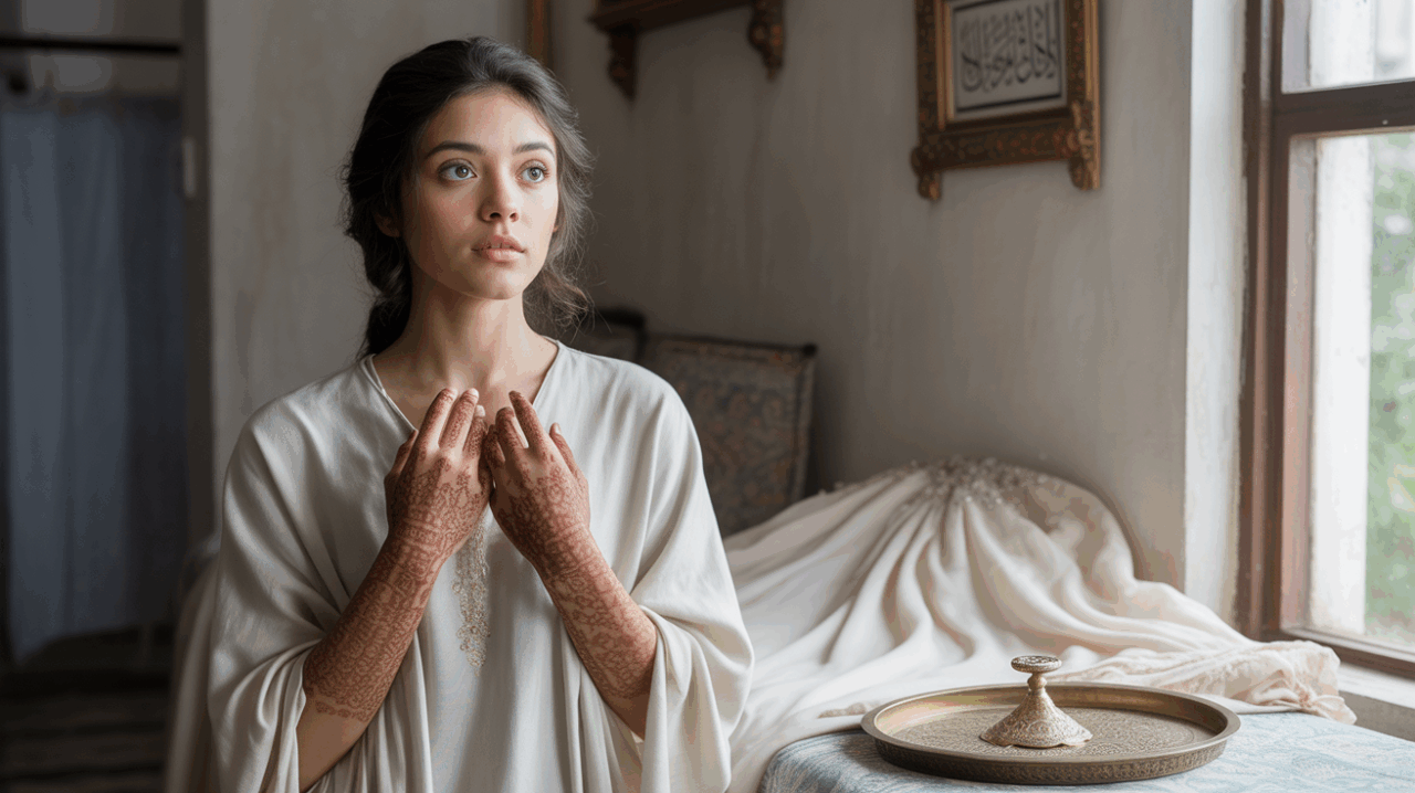 Jeune femme musulmane se préparant pour son mariage dans une pièce lumineuse et authentique, symbolisant la signification d’un rêve de mariage.