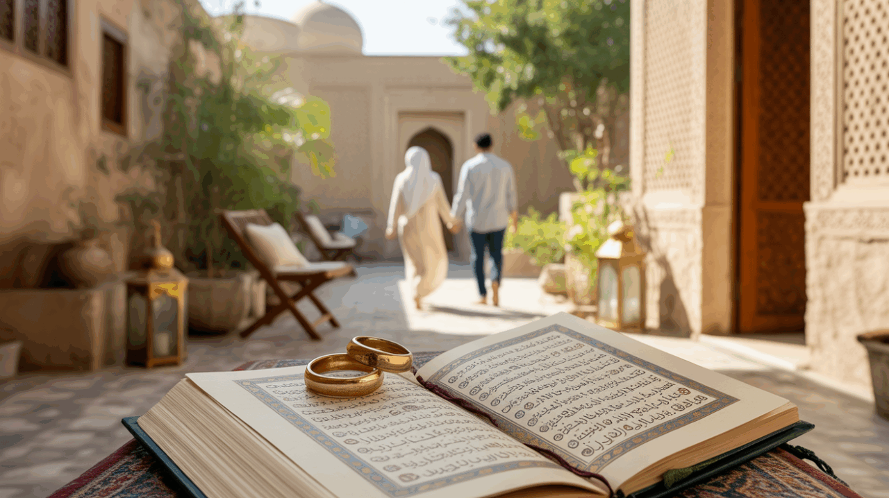 Scène réaliste d’une cour traditionnelle éclairée au coucher du soleil avec des symboles discrets de mariage et de spiritualité islamique.