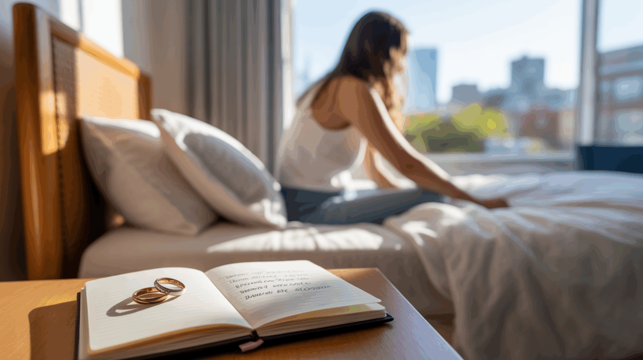 Scène réaliste d’un réveil matinal avec une personne réfléchissant à un rêve de mariage, journal ouvert et lumière naturelle.