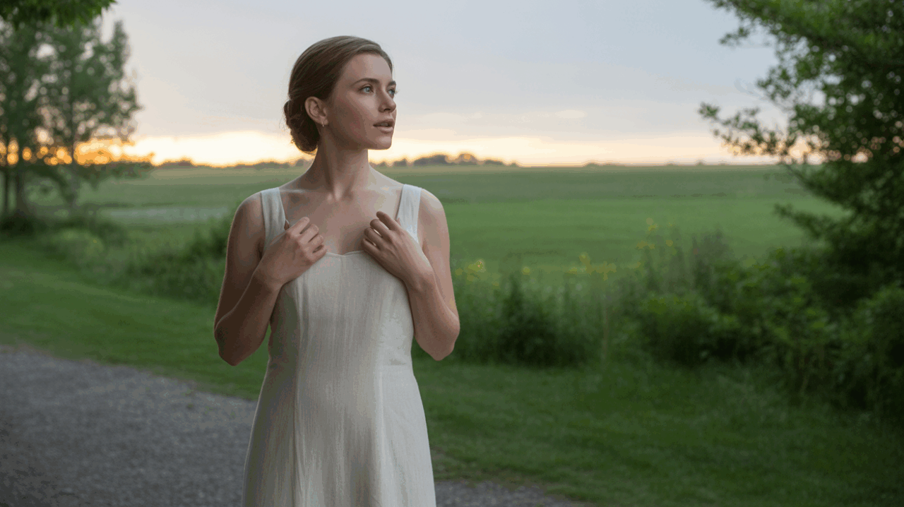 Femme en robe de mariée debout au lever du soleil dans un jardin naturel, contemplant l’horizon dans une scène réaliste et spirituelle.