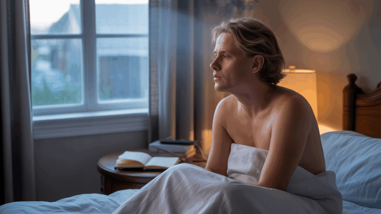 Personne assise au bord de son lit à l’aube, l’air pensif après un rêve intense, dans une chambre réaliste éclairée par une lumière naturelle.
