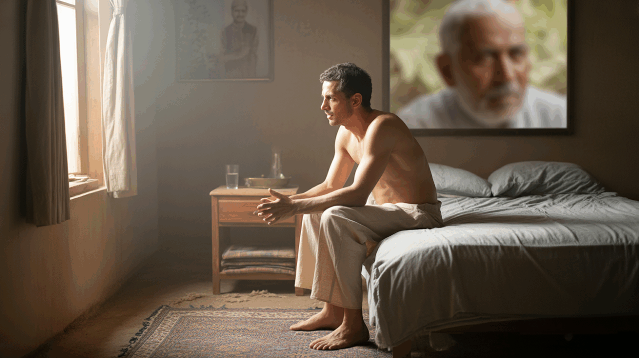 Homme assis au bord de son lit à l’aube, plongé dans la réflexion après un rêve marquant, dans une chambre réaliste et lumineuse d’inspiration moyen-orientale.