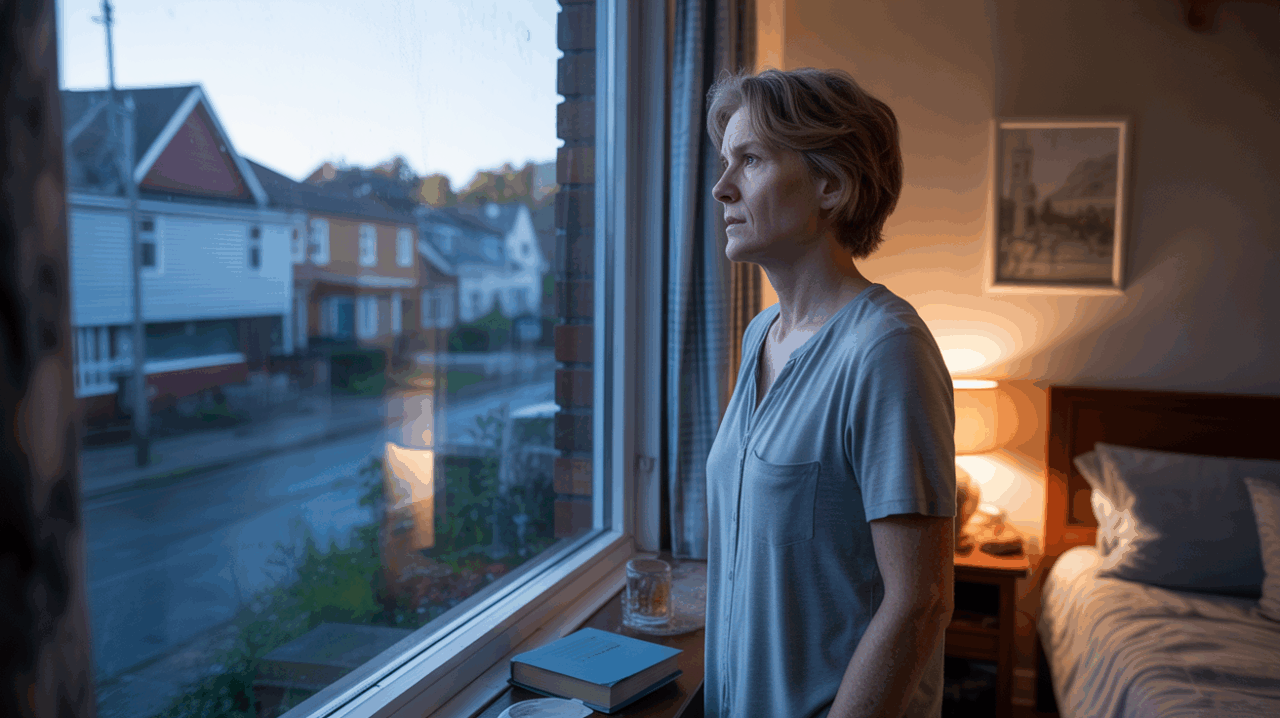 Personne pensive regardant par une fenêtre à l’aube, dans une scène réaliste évoquant la réflexion, les rêves et l’incertitude.
