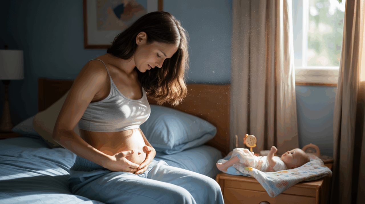 Scène réaliste d’une chambre au matin avec une personne pensive évoquant symboliquement une naissance en rêve.