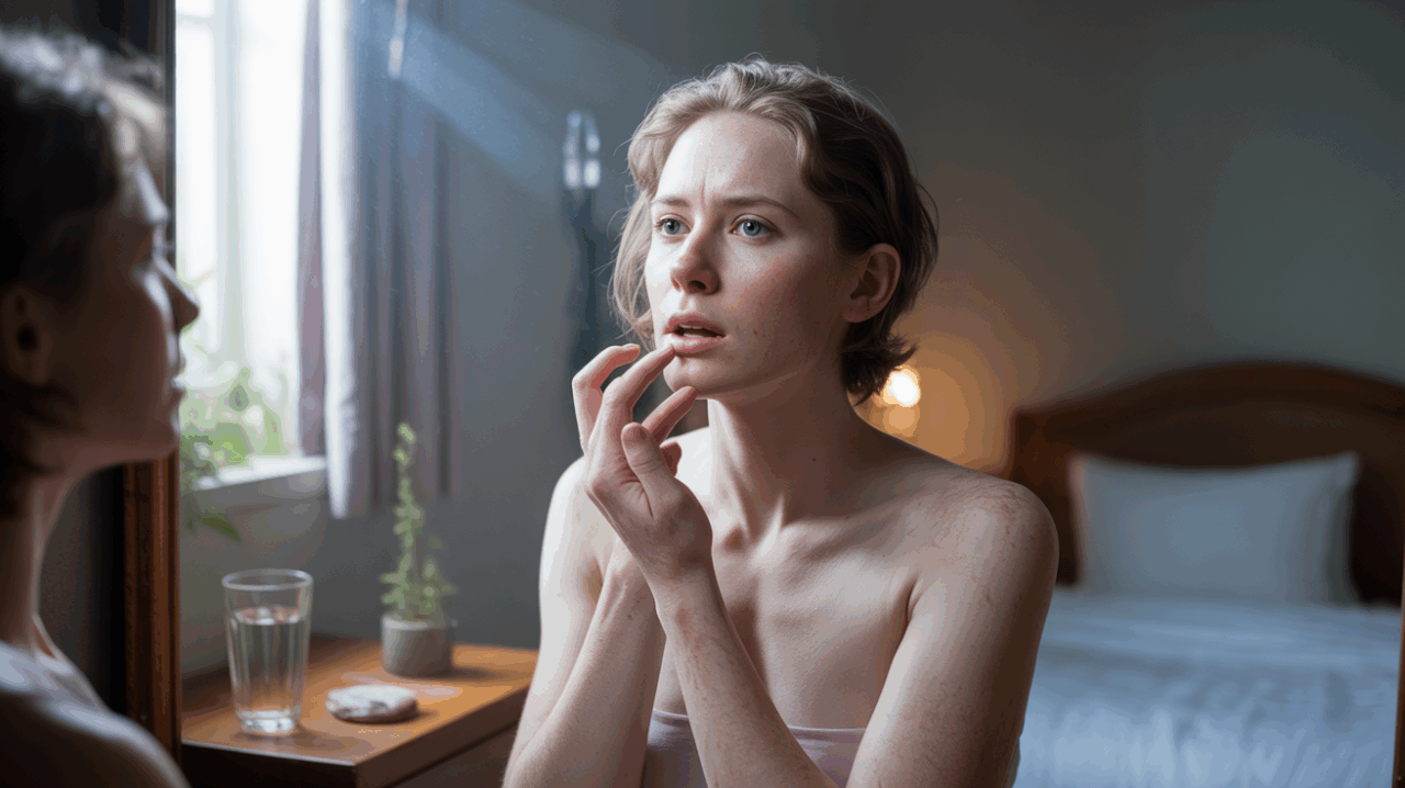 Personne réaliste touchant ses dents devant un miroir au réveil dans une chambre baignée de lumière naturelle, évoquant un rêve perturbant et une transformation intérieure.