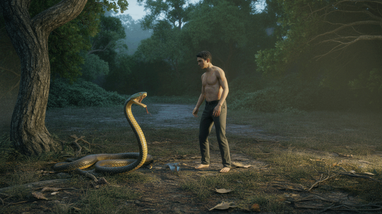 Personne dans une clairière au lever du jour face à un serpent menaçant, scène réaliste et symbolique d’un rêve de confrontation.