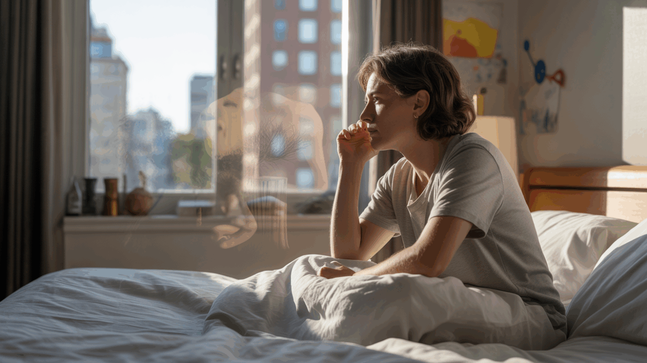 Personne réfléchissant à un rêve au réveil dans une chambre réaliste avec une lumière naturelle douce et des symboles oniriques subtils.