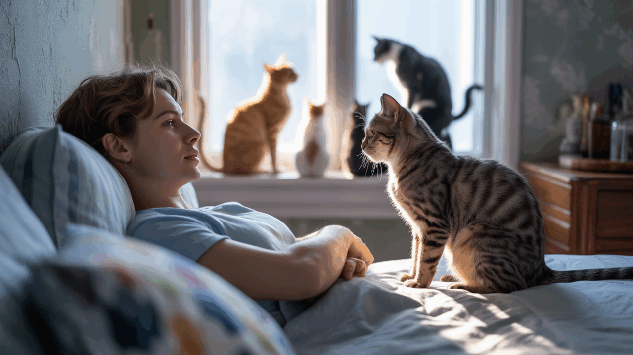 Personne se réveillant dans une chambre lumineuse avec un chat réel posé au bord du lit et des reflets subtils de formes félines dans la fenêtre.