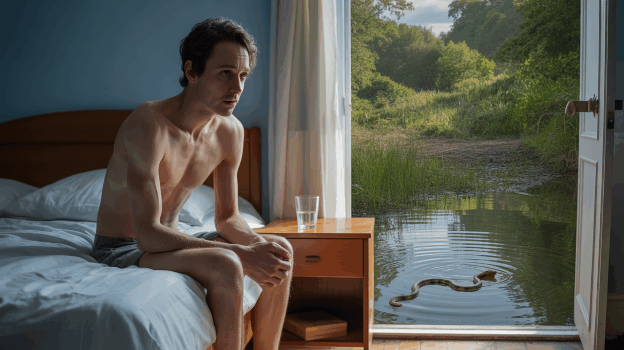 Scène réaliste d’une personne réveillée, troublée par un rêve, avec un serpent visible près d’un point d’eau à l’extérieur.