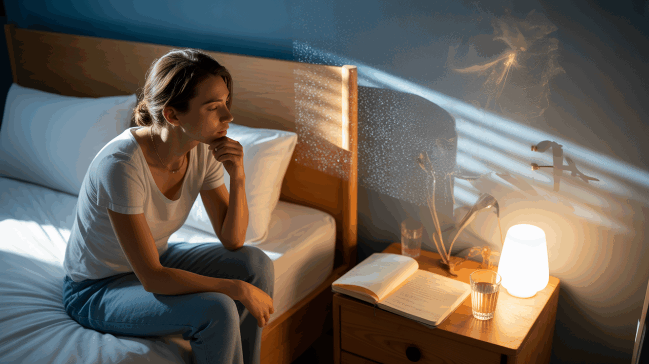 Personne au réveil dans une chambre réaliste à l’aube, réfléchissant à un rêve avec un journal ouvert sur la table de chevet et des détails symboliques subtils dans la lumière.