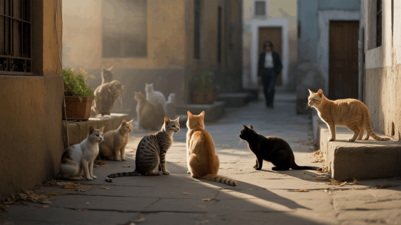 Scène réaliste à l’aube montrant plusieurs chats dans une cour urbaine calme et légèrement usée, éclairée par une lumière douce et dorée.