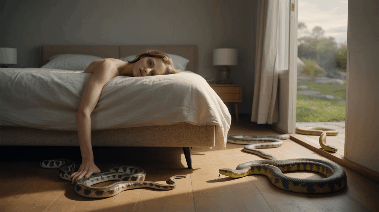 Scène réaliste d’une chambre au lever du jour où plusieurs serpents calmes apparaissent naturellement autour de la pièce, créant une ambiance entre rêve et réalité.