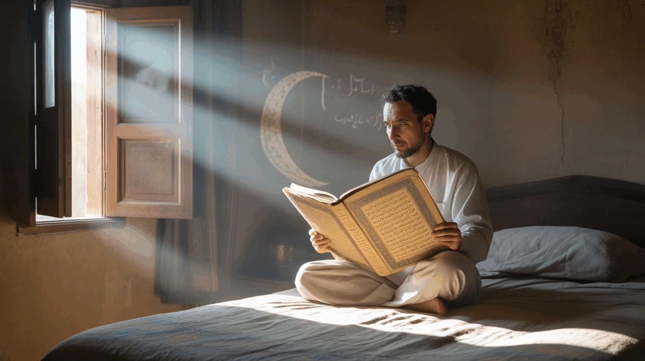 Personne méditant au lever du soleil dans une chambre authentique du Moyen‑Orient, tenant un ancien manuscrit islamique, avec une lumière naturelle douce et des détails réalistes.