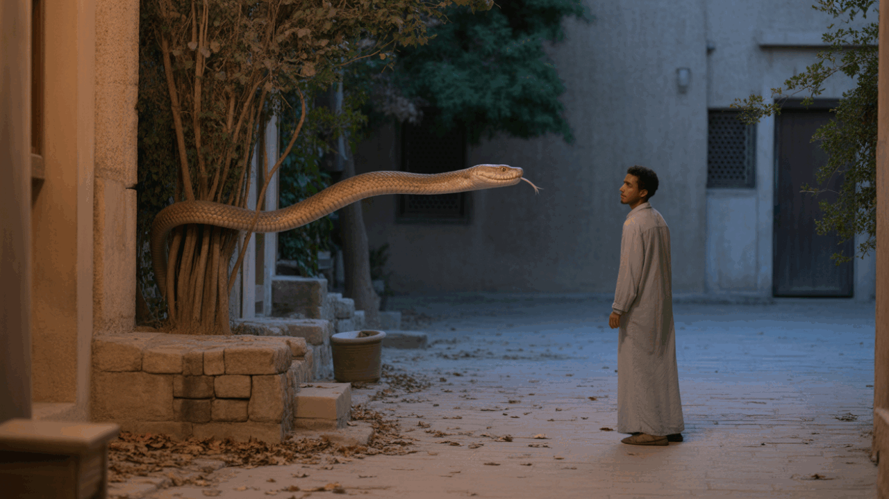 Scène réaliste dans une cour moyen-orientale au crépuscule, avec un serpent menaçant surgissant derrière un mur de pierre près d'une personne inconsciente du danger.