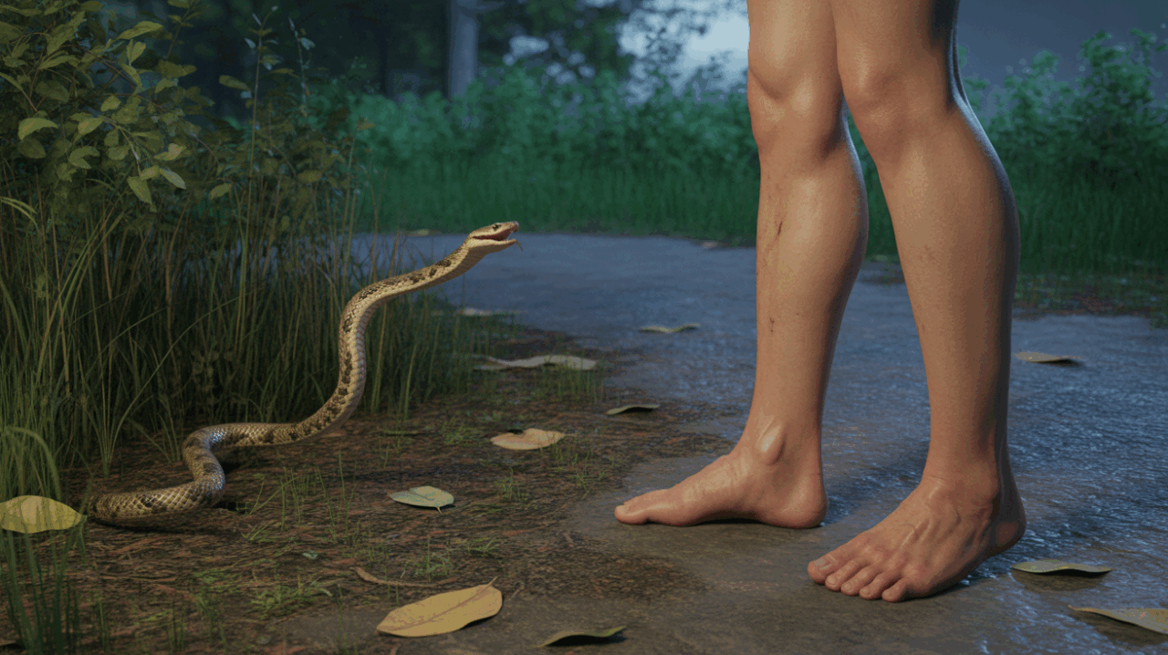 Scène réaliste montrant un serpent prêt à mordre la cheville d’une personne dans un paysage nocturne naturel, évoquant la tension et la symbolique d’un rêve.