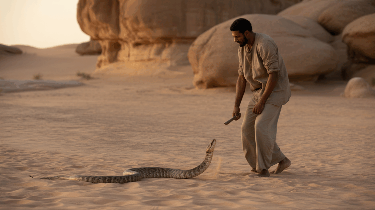 Homme dans un désert au lever du soleil observant un serpent qu’il vient de neutraliser, symbolisant la victoire et la clarté spirituelle.