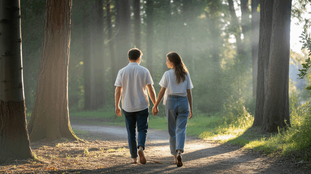 Deux personnes marchant l’une vers l’autre sur un chemin forestier baigné de lumière, reflétant subtilement une connexion profonde et naturelle.