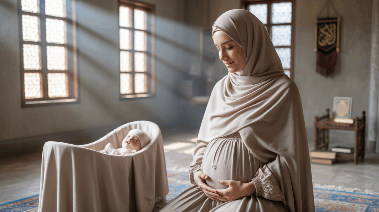 Femme musulmane enceinte dans une maison authentique baignée de lumière matinale symbolisant bénédiction et espoir.