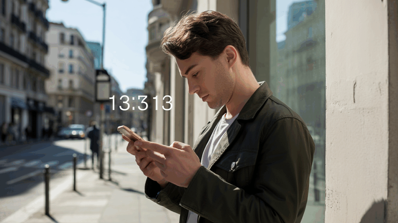 Personne célibataire dans une rue urbaine à 13h13 regardant son téléphone avec une expression réfléchie et pleine d’espoir.