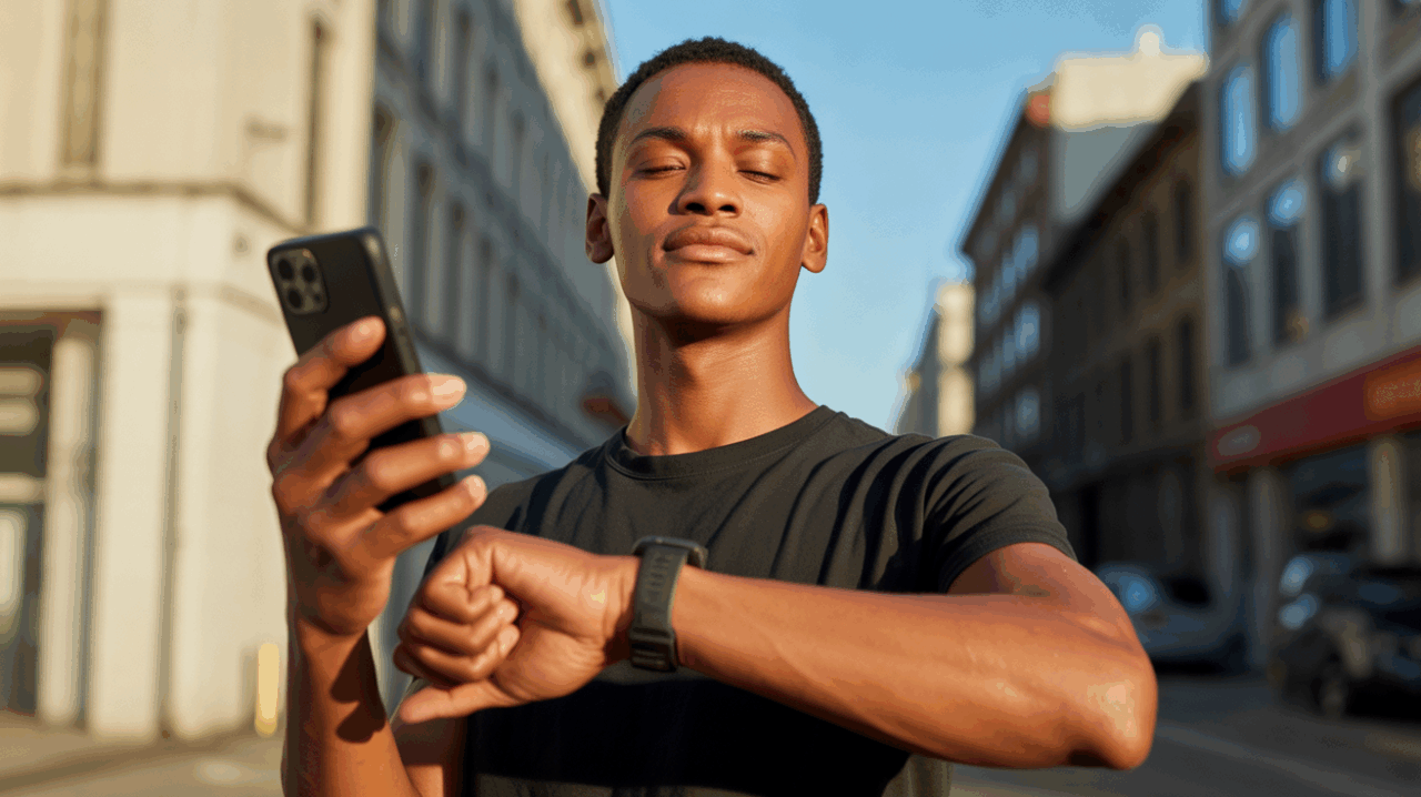 Personne debout en fin d’après-midi regardant l’heure 17h17 sur son téléphone, exprimant confiance et autonomie dans un décor urbain réaliste.